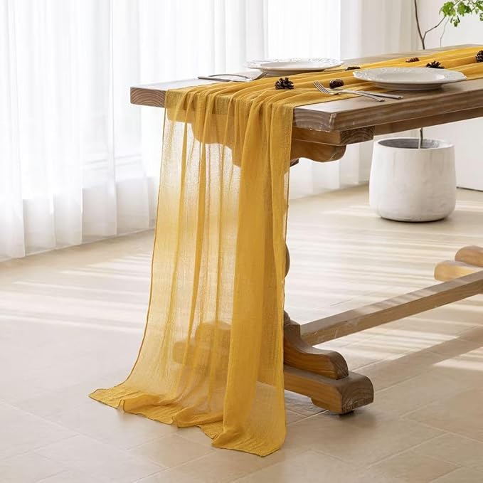 Keketoarrange 6pcs Golden Gauze Rustic Cheesecloth Table Runner 120 Inch 10 FT for Wedding Baby Shower Bridal Shower Birthday Engagement Garden Outdoor Party Long Sheer Boho Decorations