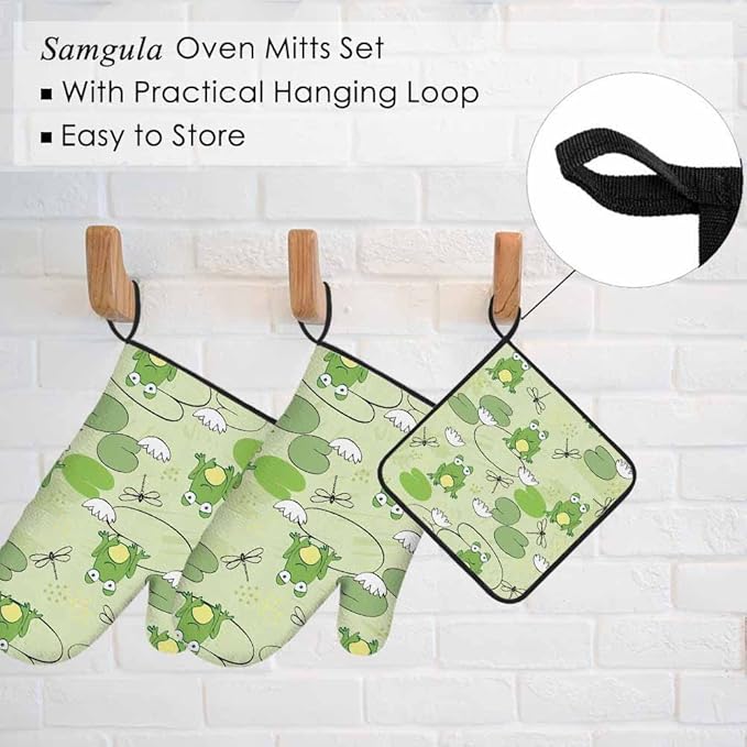 Frog Oven Mitts and Pot Holders Sets Dragonfly Lotus Leaf Summer Heat Resistant 3pcs for Cooking Baking BBQ