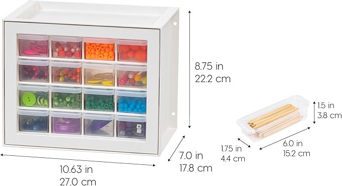 IRIS USA Small Plastic Storage Drawers, 16-Drawer Organizer, Made in USA, Stackable Teacher Toolbox for Crafts, Art Supplies, Nuts, Bolts, Building Bricks, Drink Mix & Water Flavor Packets – White