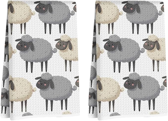 2 Pcs Sheep Kitchen Towels, White Sheep Soft Absorbent Tea Hand Towel, Microfiber Dish Cloths for Drying Dishes, Waffle Dish Towels for Kitchen Bathroom Home Decor, Farmhouse Gifts for Women Mom