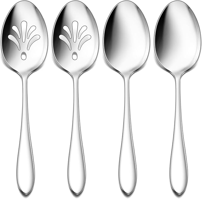 E-far 4-Piece Serving Set - Includes 2 Spoons and 2 Slotted Spoons, Stainless Steel Buffet Utensils for Catering Party Kitchen Restaurant - Mirror Polished, Dishwasher Safe, 8.5-Inch