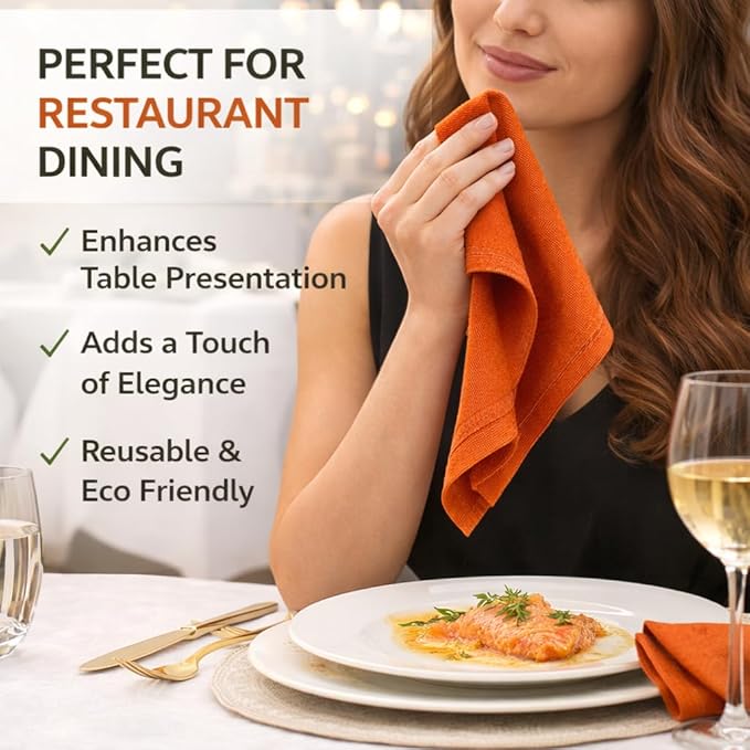 Marubhumi Cotton Cloth Dinner Napkins Set of 12, 18x18 Natural Premium Quality Mitered Corners Cotton Blend Wedding and Cocktail Napkins, Machine Washable (Orange)