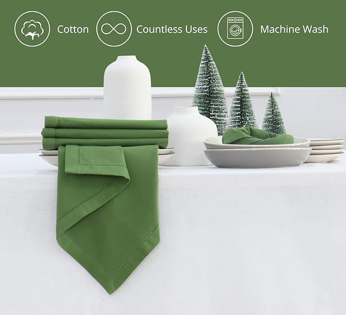 PurpleEssences Set of 12 Hemstitch Cloth Dinner Napkins 100% Cotton - Soft Durable Washable - Ideal for Wedding Spring Easter Summer - Perfect Everyday Use Table Linen 18x18 - Sage Green