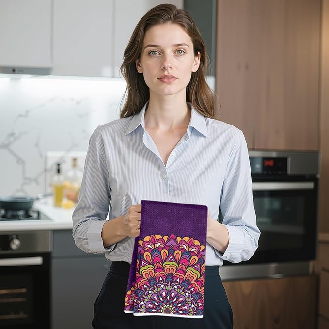 2 Pcs Mandala Kitchen Towels, Soft Absorbent Tea Hand Towel, Microfiber Dish Cloths for Drying Dishes, Waffle Dish Towels for Kitchen Bathroom Home Decor, Housewarming Gifts for Women