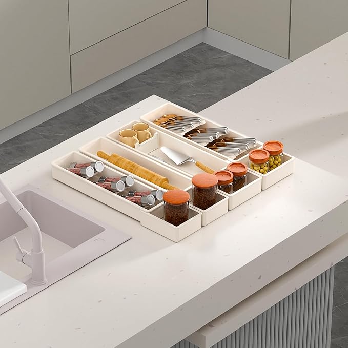 Silverware Drawer Organizer with Expandable Panel & Removable Dividers – Fits 15.67" to 21.18" Kitchen Drawers, Space-Saving Utensil Storage Solution (Milk White, W17.3 x L15.7 inches)