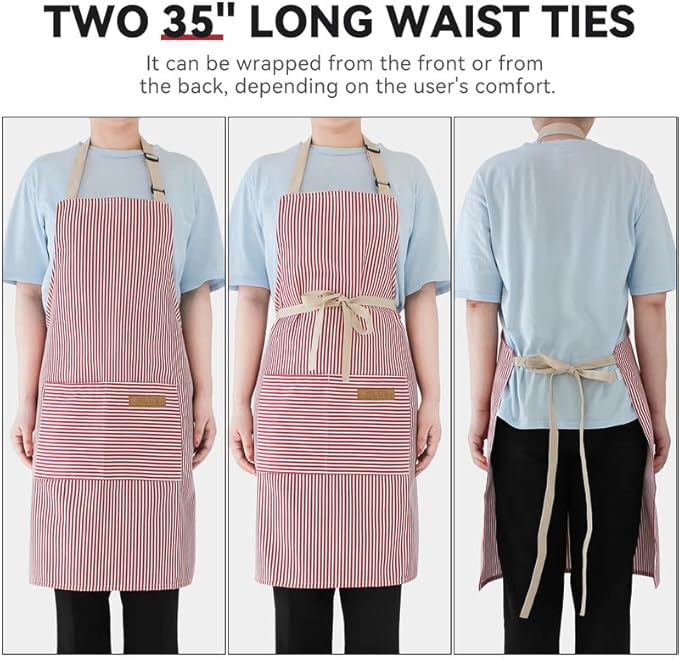 NLUS 2 Pack Kitchen Cooking Aprons, Adjustable Bib Soft Chef Apron with 2 Pockets for Men Women (Black Pinstripes/Pink Pinstripes)
