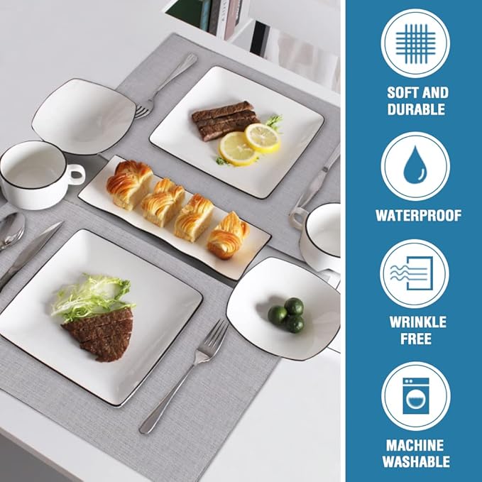 H.VERSAILTEX Linen Placemats Set of 8 Premium Solid Table Mats for Dining Table Spill-Proof Waterproof Heat-Resistant Kitchen Mats Washable, 12x18 inches, Grey