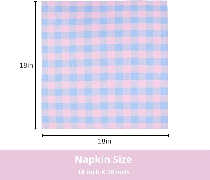 PurpleEssences Buffalo Plaid Cloth Napkins - Mitered Corners - Spring Easter Summer - Gingham Check Dinner Napkin - Set of 12-100% Cotton - 18x18 Inch - Reusable Washable - Light Blue and Blush Pink