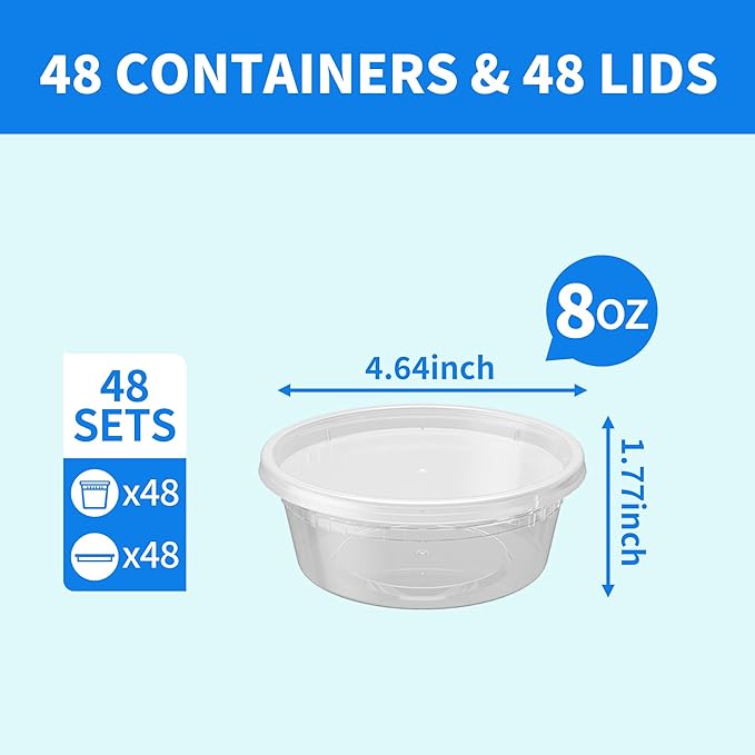 Plastic Deli Containers with Lids, 48 Sets 8oz Leakproof Soup Storage Containers for Family Soup & Leftovers, Round Meal Prep Cups, BPA Free, Microwave/Freezer/Dishwasher Safe