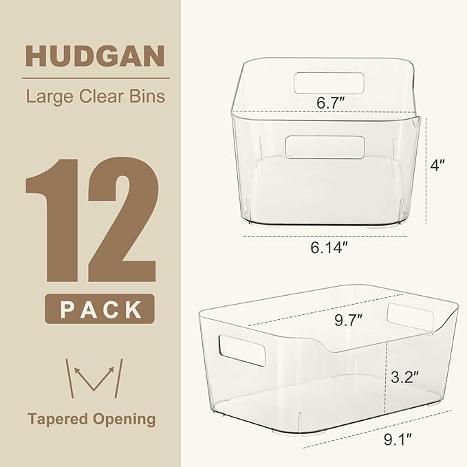 Hudgan 12 Pack Pantry Storage Bins for Kitchen Cabinet, Clear Plastic Organizer Bins for Bathroom, Pantry Organizer Containers for Home Edit, Drawer, Under Sink, Fridge and Closet