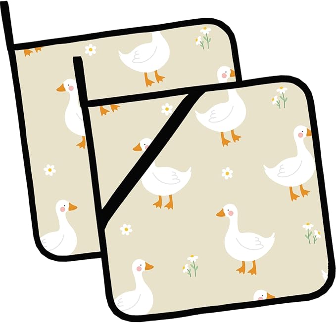 Cartoon Goose Pot Holders 2 PCS,Kitchen Heat Resistant Potholder for BBQ Cooking Baking,Food Hot Pad for Women Men