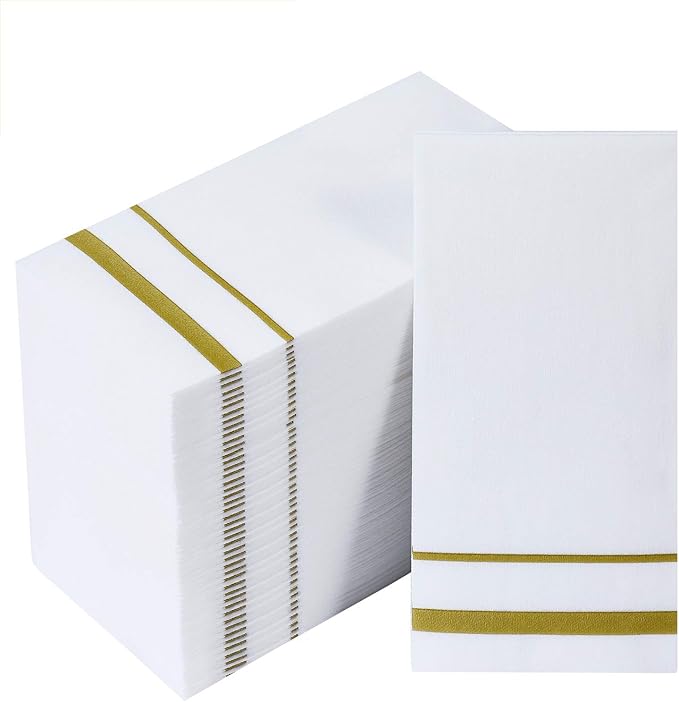 FOCUSLINE 200 Linen Feel Disposable Bathroom Napkins, Soft and Absorbent Paper Guest Towels, Cloth-Like Hand Towels Decorative Paper Napkins for Parties, Weddings, Dinners or Events, Gold, 12" x 17"