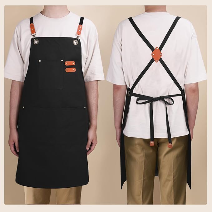 Chef Aprons for Men Women with Large Pockets, Cotton Canvas Water Repellent Kitchen Apron for Cooking