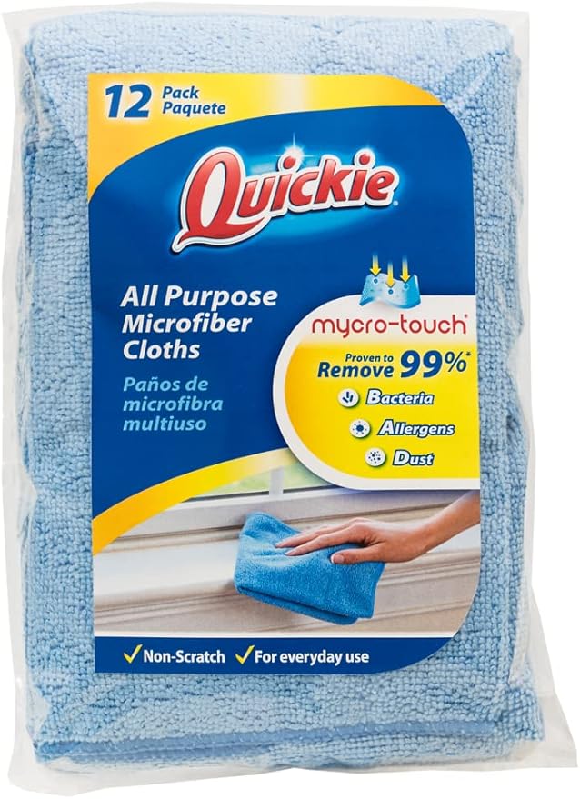 Quickie Microfiber Cleaning Cloth 14 X 14 inch, Blue, 12 Pack, All-Purpose Towel/Wiper for Multi-Purpose Indoor/Outdoor Cleaning/Dusting/Polishing on Kitchen/Bathroom/Auto SurfacesK (49012PDQ)