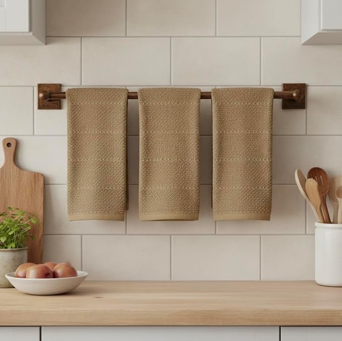 Mocha Light Brown Tan Kitchen Hand Dish Towels: Oversized 28" x 18",100% Cotton Cloth Soft Cleaning Drying Absorbent Textured Design, Set of 3 Multipurpose for Everyday Use (Toasted Coconut)