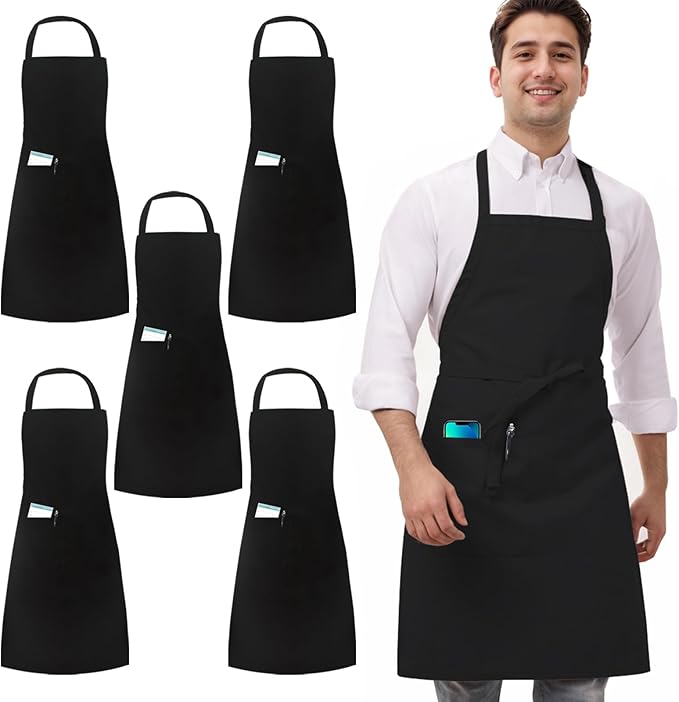 5 Pack Black White Apron, Chef Servers Waitress Aprons with Pockets for Men Women, Professional Work Apron
