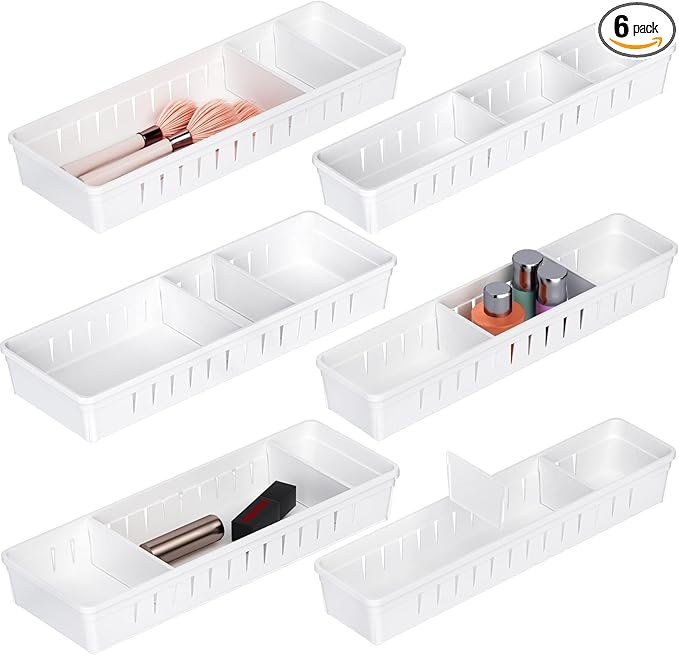 6 PCS Desk Drawer Organizer, Bathroom Drawer Organizer Trays with Dividers Adjustable, Makeup Organizer Bins for Vanity Clothes Junk Kitchen Utensil