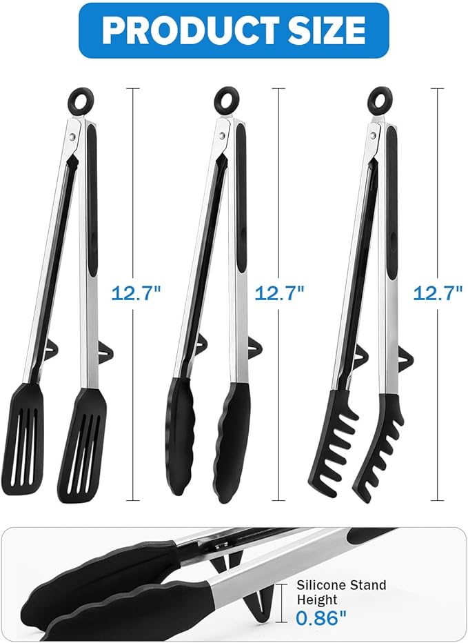 Kitchen Tongs for Cooking, Non Scratch Silicone Tip for Nonstick Cooking Pans, Food Grade Mini Serving Tongs, Pull Lock, Set of 3, Black (BLack, 12 inch)