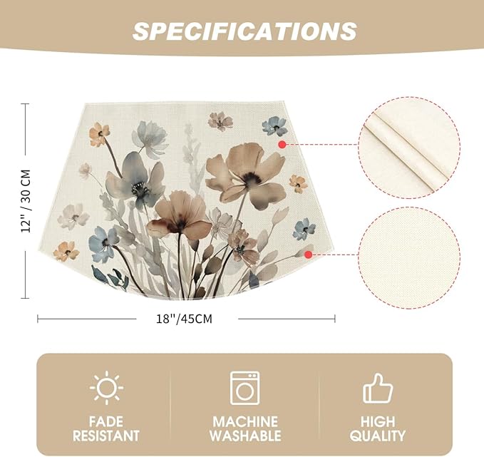 Artoid Mode Brown Poppy Floral Round Table Wedge Placemats Set of 4, Seasonal Kitchen Dining Table Decoration for Indoor Party Home