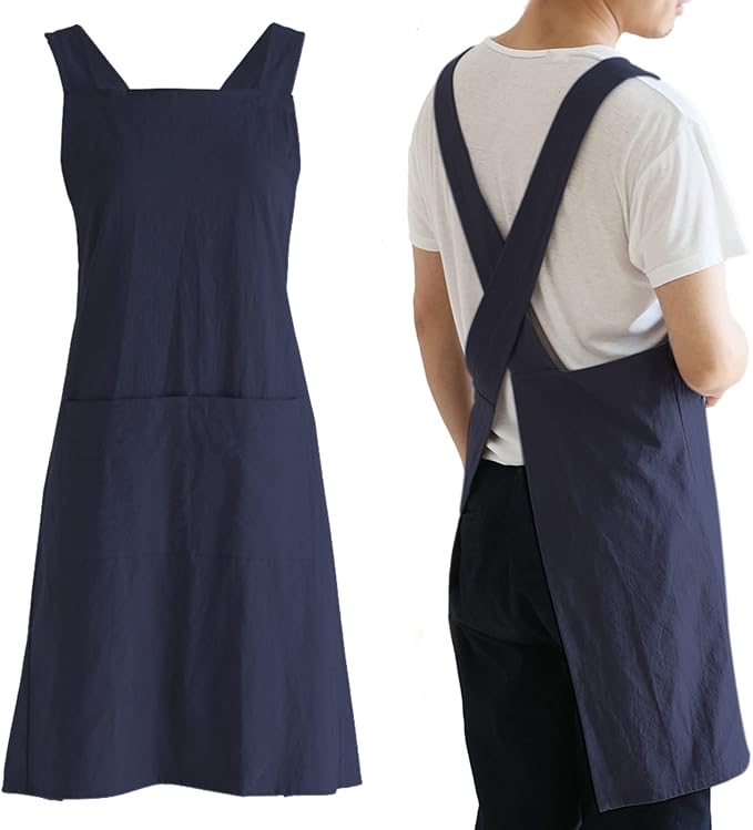 NEWGEM Japanese Cotton Linen Cross Back Cooking Apron for Women Men with Pockets Cute for Baking Kitchen