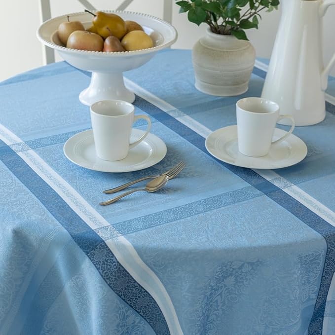 Benson Mills Ravenna Yarn Dyed Jacquard Heavyweight Fabric Table Cloth, Everyday, Parties, Weddings, Holiday, Spring, Summer, and Easter Tablecloth (70" Round, Blue)