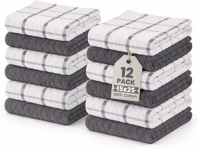 GOLD TEXTILES Kitchen Towels 12 Pack Premium 100% Cotton Dish Towels for Kitchen (15 x 25 Inches) Super Soft & Absorbent Kitchen Hand Towels for Drying Dishes, Cleaning - Reusable and Washable (Grey)