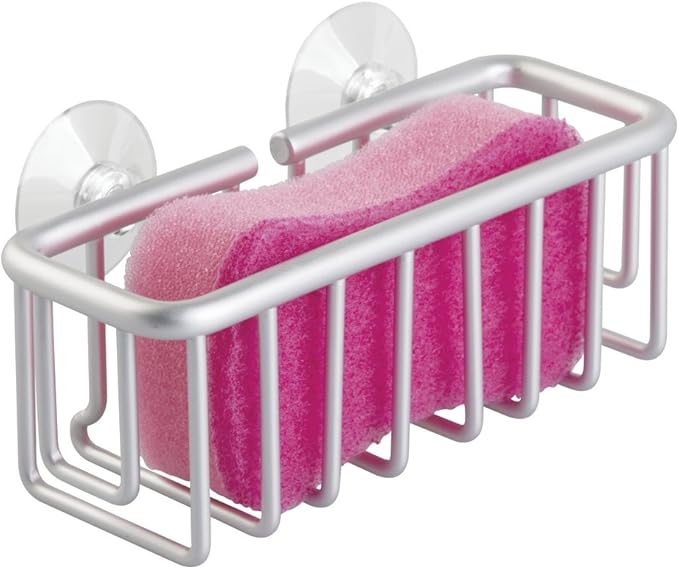 iDesign Metro Rustproof Aluminum Suction Sponge Holder for Kitchen Sink - Basket, Silver