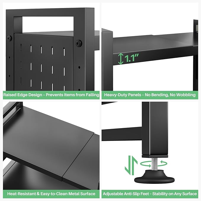 Microwave Stand, 3-Tier Expandable(17.4"- 27.4") Heavy Duty Adjustable Shelf Microwave Oven Rack, Kitchen Countertop Organizer and Storage with 9 Hooks & Cutting Board Holder, Holds up 180 lbs, Black