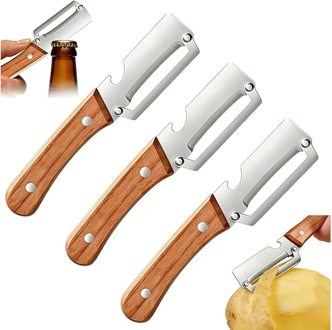 Premium Vegetable Peeler with Wooden Handle and Bottle Opener: 2-in-1 Stainless Steel Kitchen Tool for Fruit Apple Potato Pumpkin Papaya (3 PCS)
