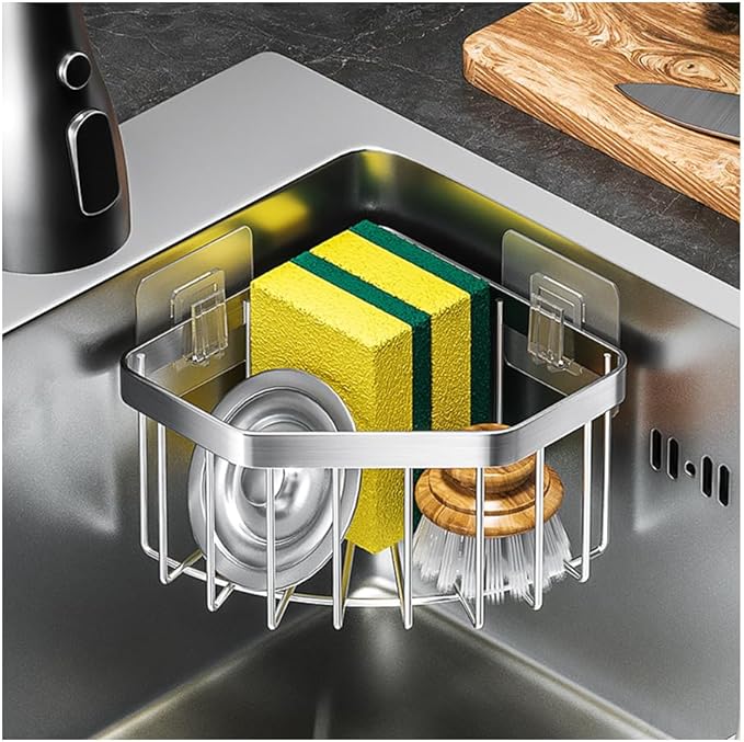 Anjing Kitchen Sink Caddy Corner Sponge Holder Organizer, Stainless Steel Adhesive with 4 Hooks