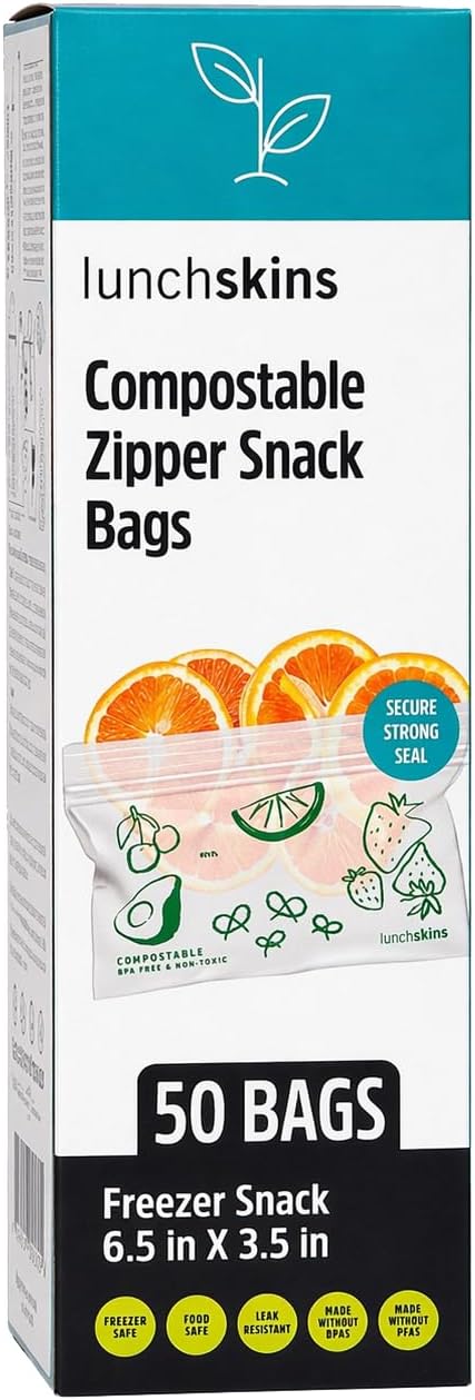 Lunchskins Ziptop Home Compostable & Resealable Freezer-Safe Food Storage Bags, Snack Size, 50 Bags - Eco-Friendly, Made Without PFAS and BPAS