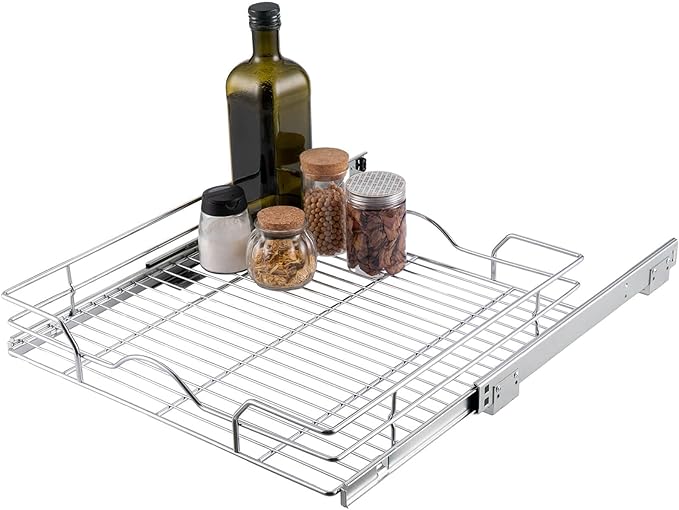 OCG Pull Out Cabinet Organizer (20.75" W x 17" D), Pull Out Shelves 1 Tier, Cabinet Slide Out Shelves for Base Cabinet Organization in Kitchen Bathroom Pantry, Bottom Mount, Chrome Finish