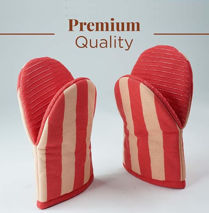 Folkulture Red Oven Mitts - Set of 2 (5.75"x9") | Cute Red Oven Mitts with Hanging Loop for Cooking Gifts, Kitchen Decor| 100% Cotton, Silicone Heat Resistant Oven-Gloves for New Home Essentials