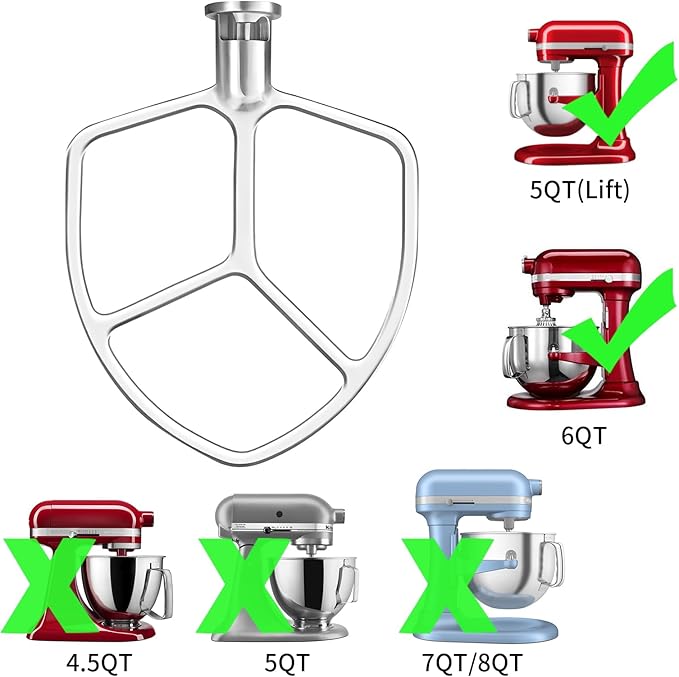 Stainless Steel Flat Beater Attachment Compatible with KitchenAid 5 Plus -6QT Mixer Bowl Lift Stand Mixer, Quick Kneading of Bread, Pasta, Cookies, Pizza, Etc. Dishwasher Safe