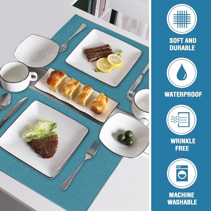 H.VERSAILTEX Linen Placemats Set of 4 Premium Solid Table Placemats for Dining Table Spill-Proof Waterproof Table Mats Heat-Resistant Kitchen Table Mats Washable, 12x18 inches, Teal