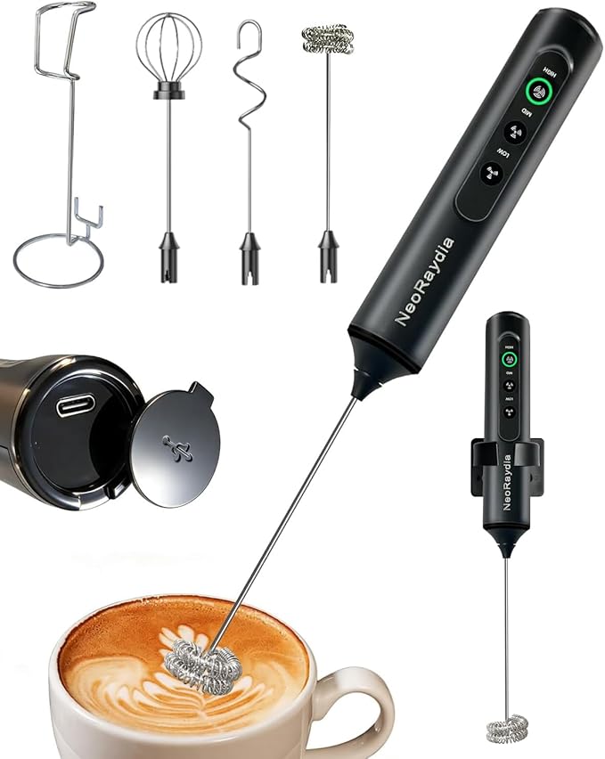 Electric Handheld Milk Frother Wand Rechargeable, 3-Speed Preventing Splashing Drink Mixer with Stand, 10-Second Frothing for Coffee, Matcha, Latte, Cappuccino, and Protein Shakes, Black