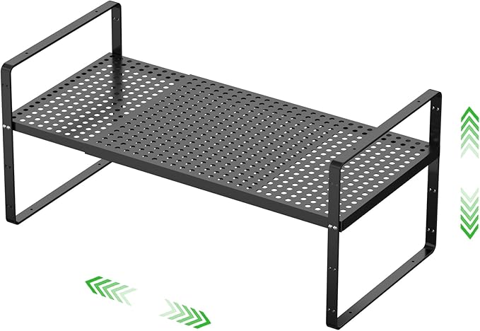 Expandable Cabinet Organizer Shelf - Adjustable Width (16.5”-27.1”), Stackable, Heavy Duty 80 lbs, for Kitchen Pantry, Countertop, Office, Spice Rack - Black, Large Size, 1 Pack