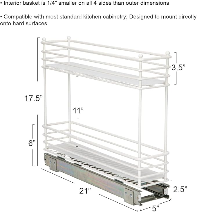 Household Essentials Glidez Paint-Finished Steel Pull-Out/Slide-Out Basket Storage Organizer with Plastic Liners for Under Cabinet Use - 2-Tier Design - Fits Standard Size Cabinet or Shelf, White