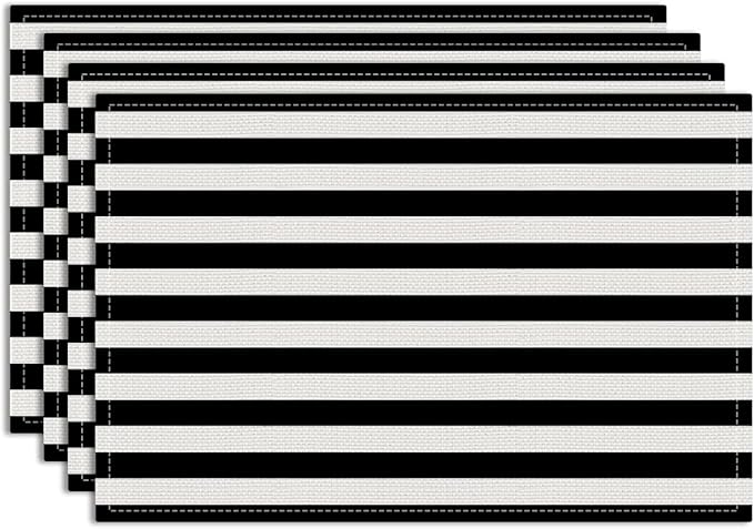 Black and White Striped Placemats Set of 4, Modern Minimalist Table Mats for Home Party Kitchen Dining Table Decor, Washable Non-Slip Heat Resistant Linen Fabric Rectangle Place Mats 12 x 18 Inch