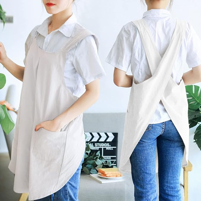 NEWGEM Japanese Cotton Linen Cross Back Cooking Apron for Women Men with Pockets Cute for Baking Kitchen