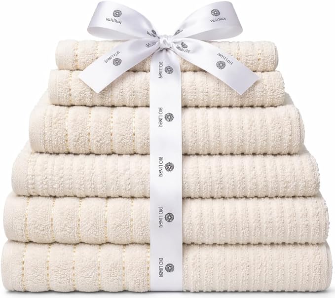 BIOLINEN 6-Piece Luxury Towel Set Ivory - 2 Bath Towels, 2 Hand Towels, 2 Washcloths - Soft Absorbent Cotton Towel Pack for Bathroom, Home, Gym & Travel