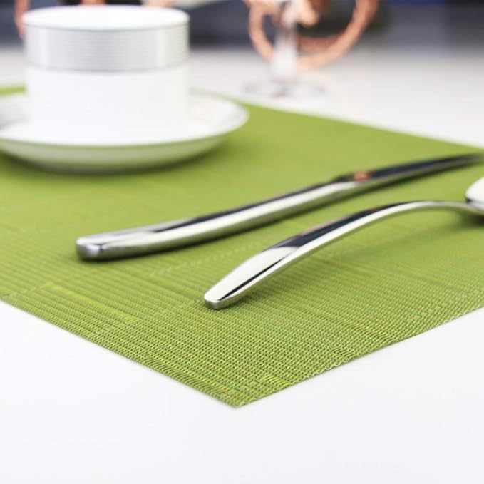 PIGCHCY Elegant Placemats and Table Runner, Washable Durable Plastic, 6pcs Placemats + 1pcs Runner, Sage Green