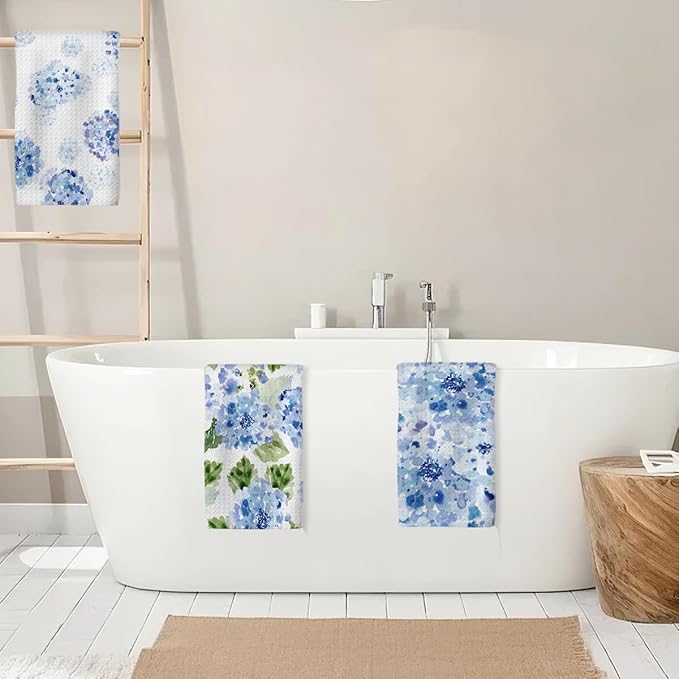 ZHAMEN 3 Pcs Blue Hydrangea Kitchen Towels, Watercolor Decorative Absorbent Microfiber Dish Cloth Tea Towel, Rustic Waffle Soft Hand Towels for Farmhouse Home Bathroom, Housewarming Gifts for Women