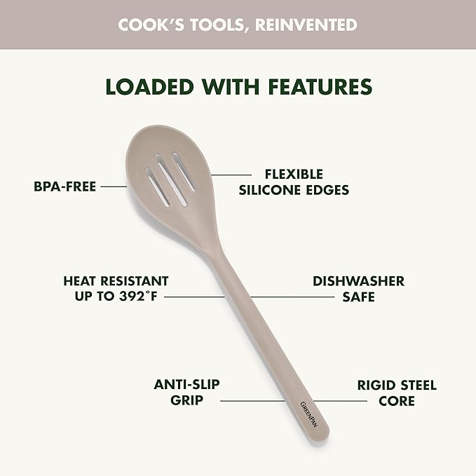 GreenPan Silicone Slotted Spoon, Cooking Kitchen Utensil, Mixing Stirring Serving, Flexible Rubber Nonstick Cookware, Rigid Steel Core Heat-Resistant, Anti-Slip Handle, BPA-Free Dishwasher Safe, Taupe