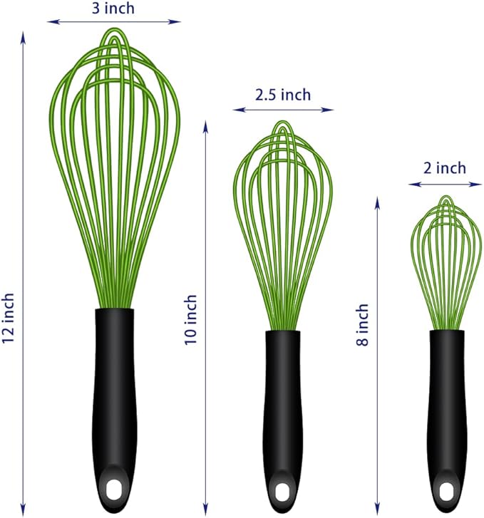 OYV Dishwasher Safe Green Silicone Whisk, Sealed Waterproof Design Set of 3, Professional Kitchen Whisks for Cooking Non-Scratch, Silicone & Stainless Steel Whisk, Heat Resistant Balloon Egg Beater