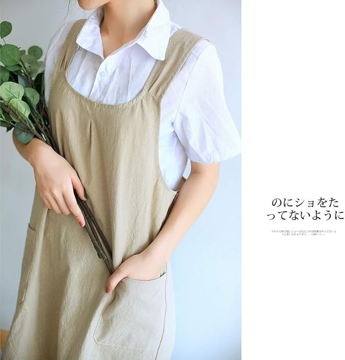 NEWGEM Japanese Cotton Linen Cross Back Cooking Apron for Women Men with Pockets Cute for Baking Kitchen