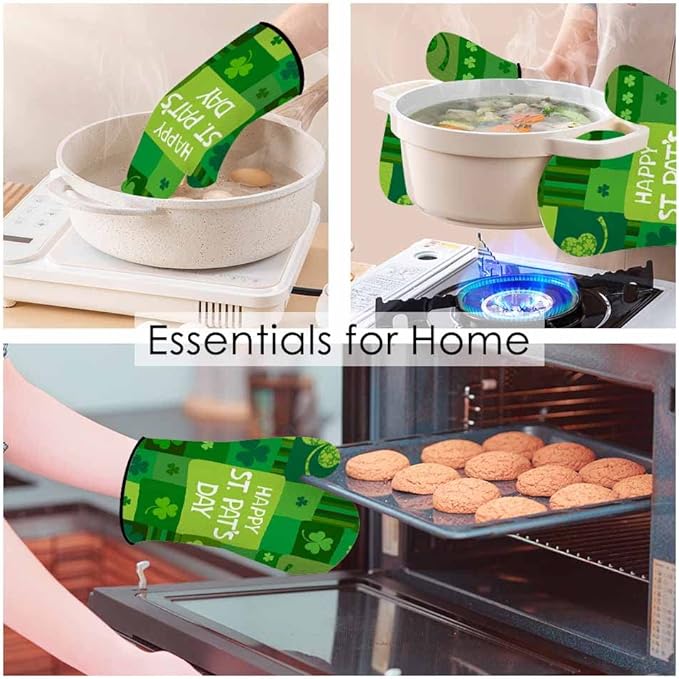 St. Patrick's Day Oven Mitts and Pot Holders Sets Shamrock Lucky Heat Resistant 3pcs for Cooking Baking BBQ