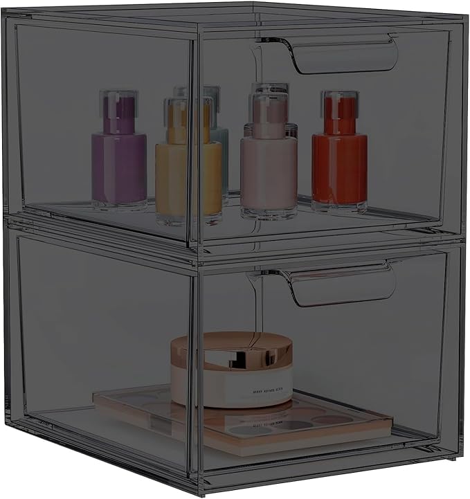 SpaceHacks 2 Pack Stackable Makeup Organizer and Storage, Acrylic Organizers，Clear Plastic Storage Drawer with Pull-Out Handles for Vanity, Undersink, Kitchen Cabinets, Pantry, Black