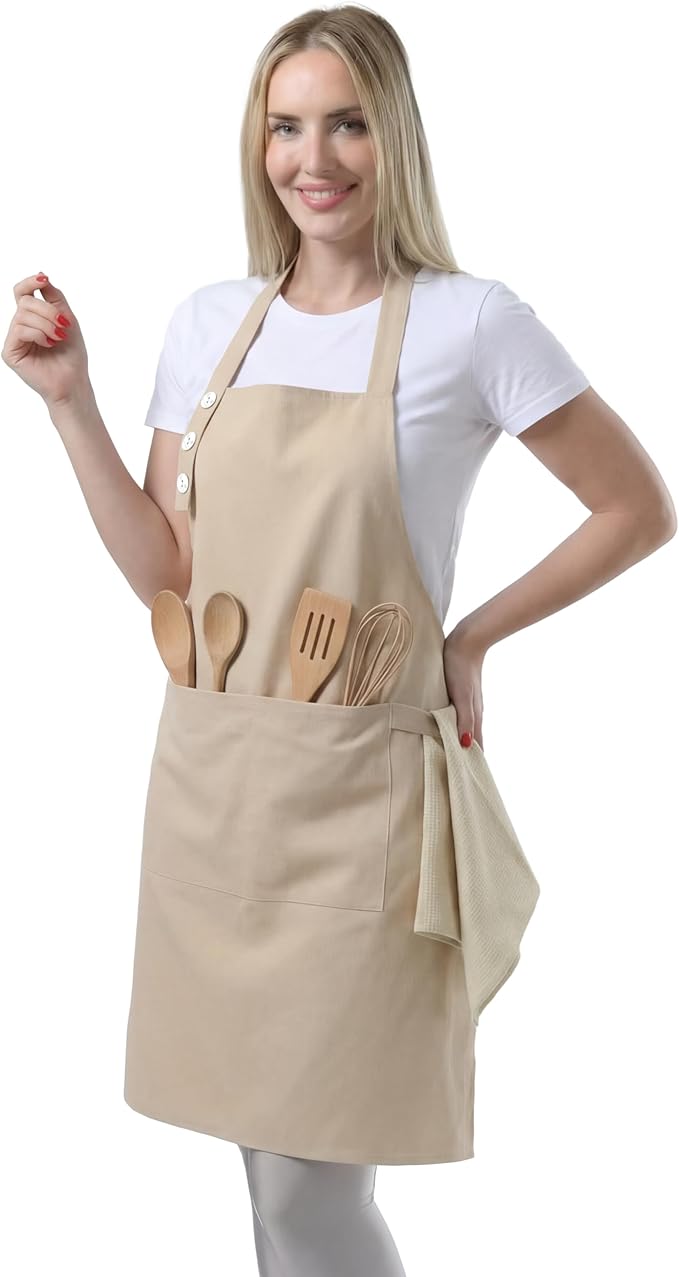 TOSHE Kitchen Apron Waterdrop Resistant Cotton Apron with adjustable Aprons for Women with Pockets 10 Color option Cooking Beige Apron(Beige)
