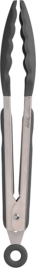 Tovolo Kitchen Tongs with Silicone Tips 9 Inch for Cooking Mixing & Serving, Easy Clean Dishwasher Safe Silicone Tipped Tongs with Locking Stainless Steel Heat Resistant, Charcoal Gray